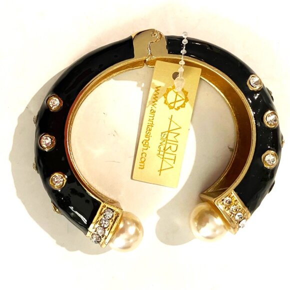 AMRITA Black Enamel, Crystal & Pearl Cuff Bracelet - Picture 1 of 5